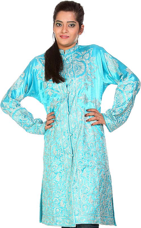 Sky-Blue Long Jacket with Aari Embroidery All-Over