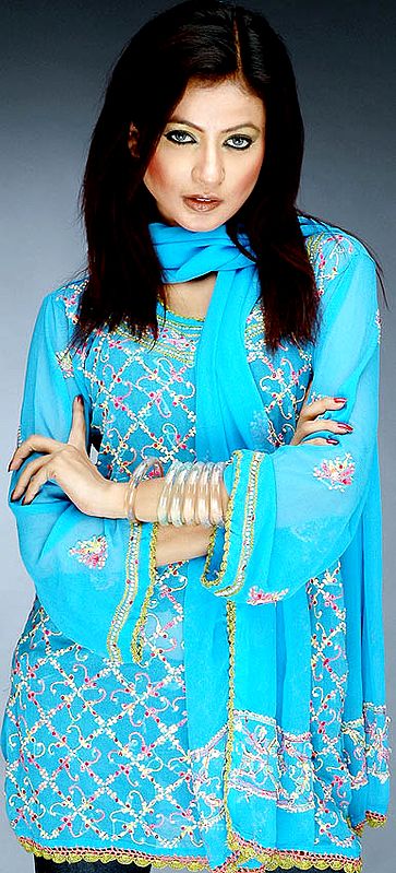 Sky-Blue Lukhnavi Chikan Sequined Top with Stole