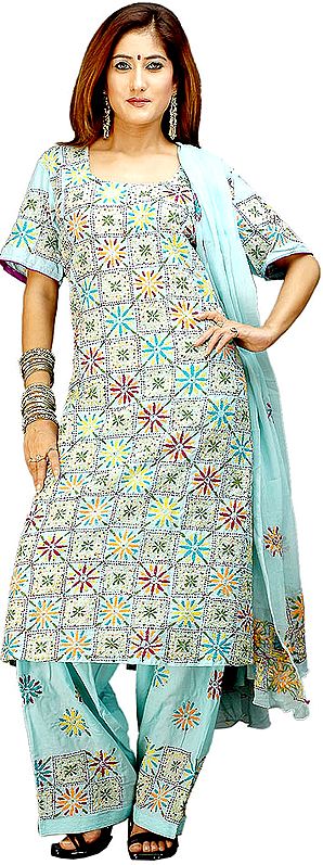 Sky-Blue Salwar Kameez with All-Over Kantha Embroidery and Sequins