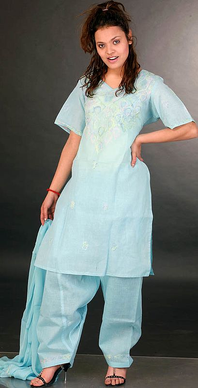 Sky-Blue Salwar Kameez with Lukhnavi Chikan Embroidery