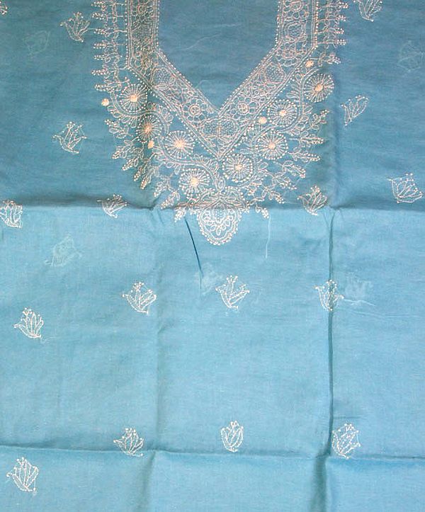 Sky-Blue Salwar Suit Fabric with All-Over Lukhnavi Chikan Embroidery