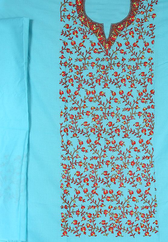 Sky-Blue Two-Piece Salwar Suit from Kashmir with Needle-Embroidered Flowers