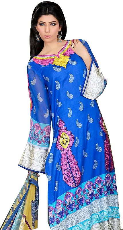 Skydiver-Blue Pakistani Salwar Kameez Suit with Embroidered Neck and Printed Booties