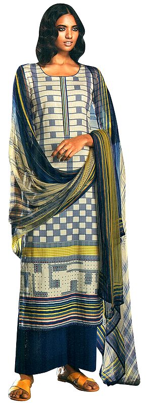 Seaborne-Blue Digital Printed Palazzo Salwar- Kameez Suit with Dupatta