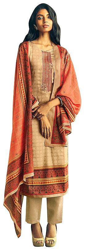 Macadamia Long Trouser and Kameez Suit with Multicolored Embroidery and Digital Printed Dupatta