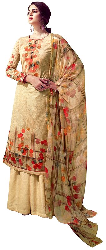 Quiet-Peach Digital Printed Palazzo Lawn Salwar- Kameez Suit with Chiffon Dupatta