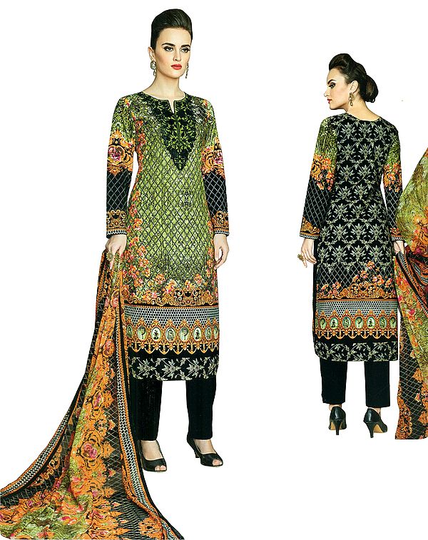 Arcadian-Green Long Embroidered Palazzo Kameez Suit with  Floral Printed Dupatta
