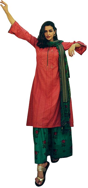 Cranberry-Red Long Embroidered Palazzo Kameez Suit with  Floral Printed Dupatta