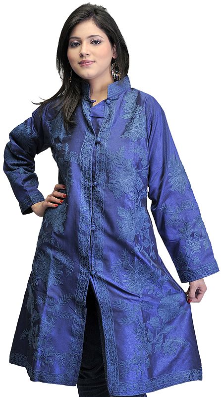 Slate-Blue Long Kashmiri Jacket with Aari Embroidered Flowers in Self Color Thread