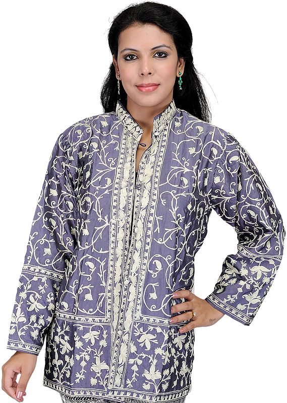 Slate-Gray Kashmiri Jacket with Aari-Embroidered Flowers