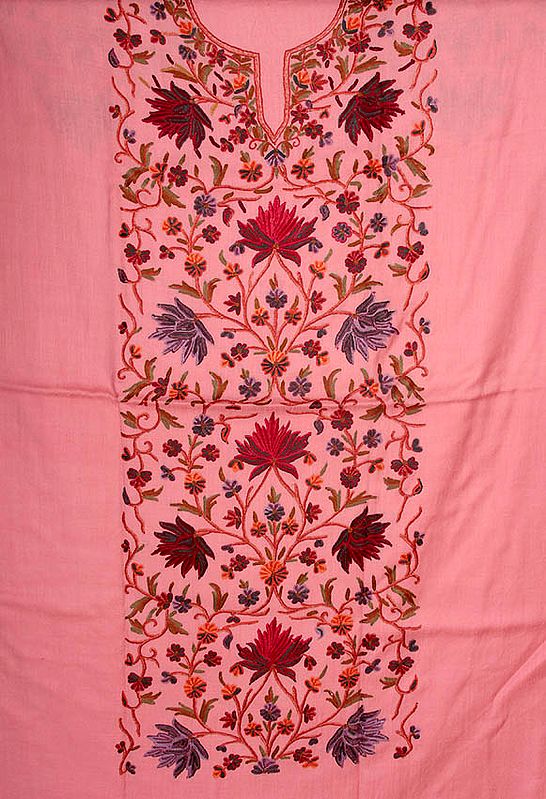 Desert-Rose Two-Piece Suit from Kashmir with All-Over Floral Aari Embroidery by Hand