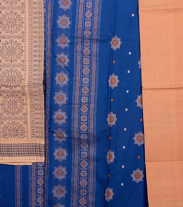 Blue and Beige Bomkai Salwar Suit Fabric from Orissa with Chakras Woven by Hand