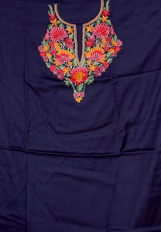 Navy-Blue Two-Piece Suit from Kashmir with Floral Aari Embroidery by Hand