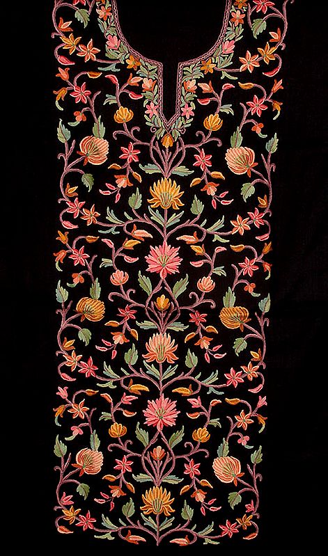 Black Two-Piece Suit from Kashmir with All-Over Floral Aari Embroidery by Hand