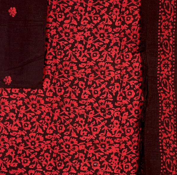 Black Batik Salwar Kameez Fabric with Printed Flowers