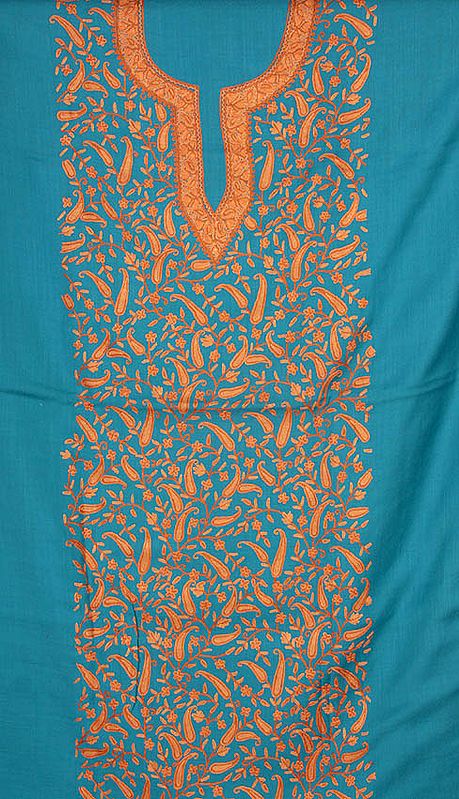 Turquoise Two-Piece Suit from Kashmir with All-Over Floral Aari Embroidered Paisleys by Hand