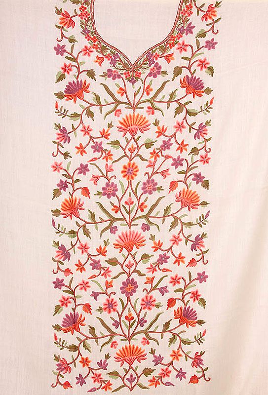 Ivory Two-Piece Suit from Kashmir with All-Over Floral Aari Embroidery by Hand