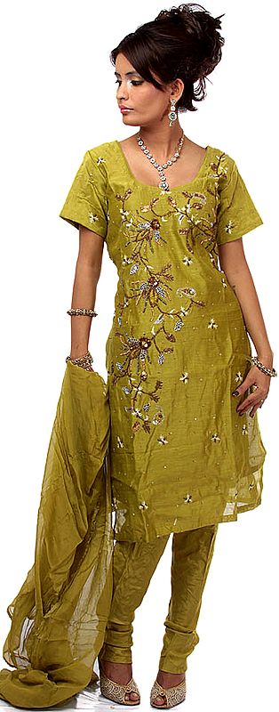 Moss-Green Chanderi Suit with Floral Embroidery and Sequins