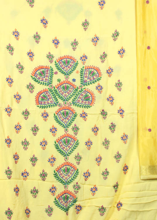 Yellow Salwar Kameez Fabric with All-Over Lukhnavi Chikan Embroidery