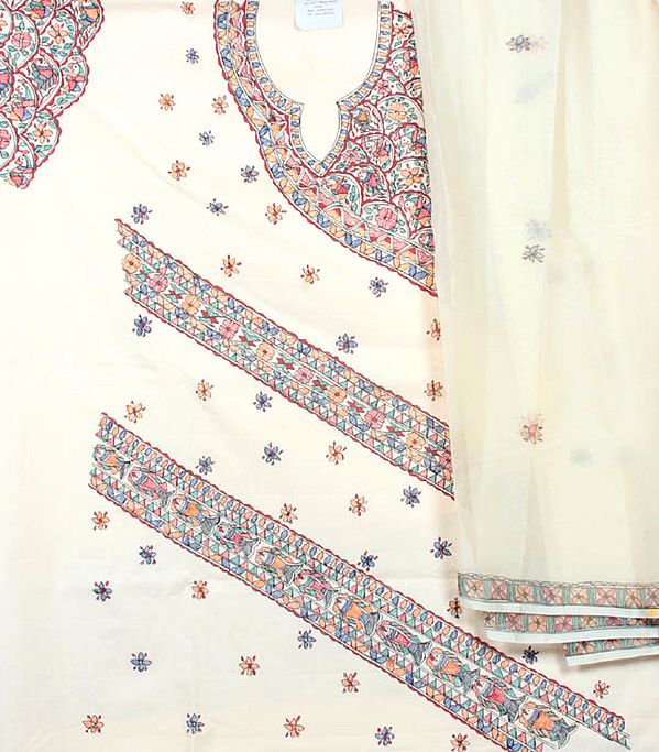 Peach Madhubani Salwar Suit Fabric from Bihar with Hand-Painted Fishes