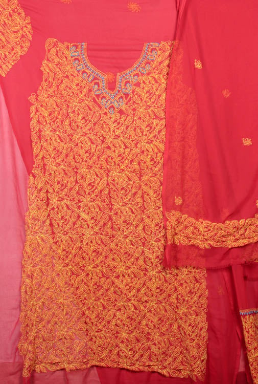 Red Salwar Kameez Fabric with All-Over Lukhnavi Chikan Embroidery in Yellow Thread