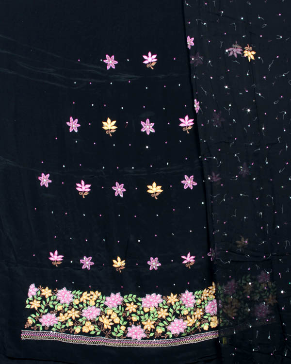 Black Salwar Kameez Fabric from Lucknow with Floral Embroidery and Beads