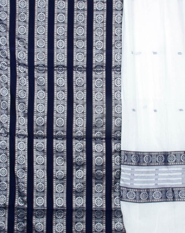 Deep-Blue and White Bomkai Salwar Suit Fabric from Orissa with Chakras Woven by Hand
