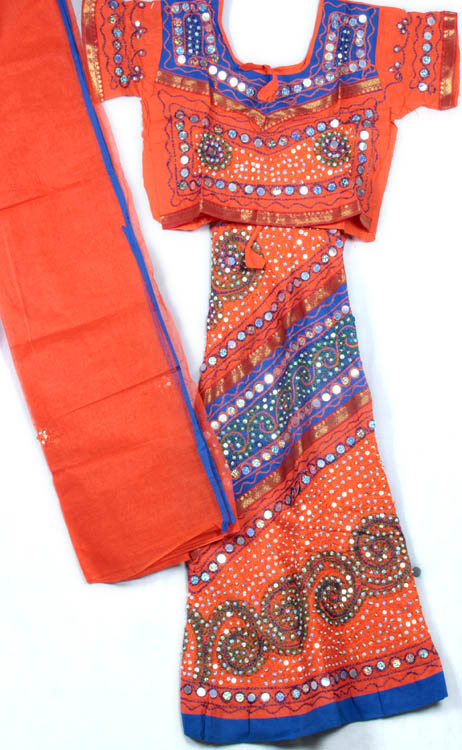 Orange and Blue Lehenga Choli with Large Sequins and Threadwork