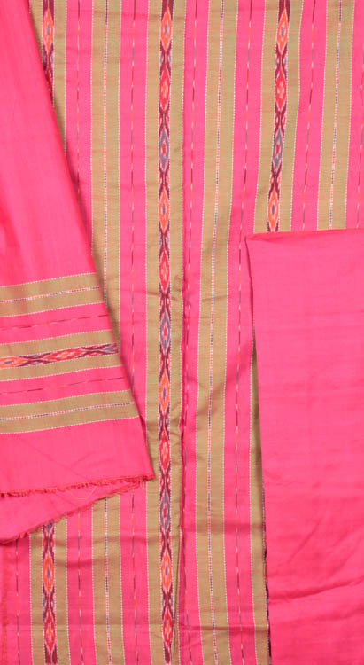 Fuchsia and Olive Salwar Kameez Fabric with Ikat Weave
