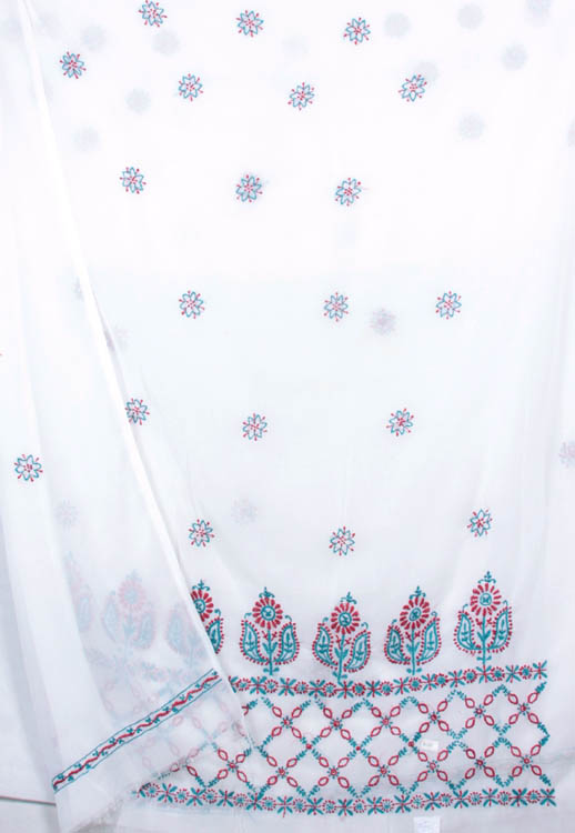 White Salwar Kameez Fabric with Lukhnavi Chikan Embroidery