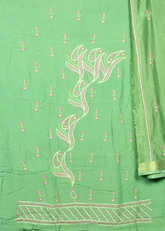 Green Salwar Kameez Fabric with Lukhnavi Chikan Embroidery