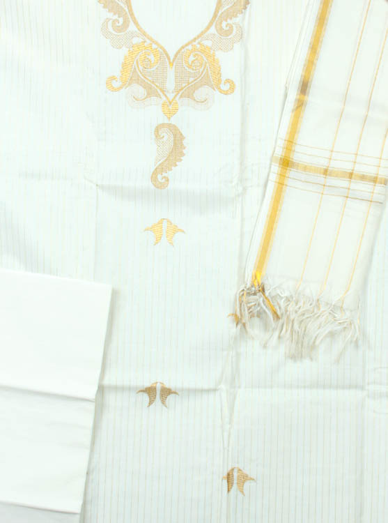 Ivory Kasavu Handloom Suit from Kerala with Golden Thread Weave