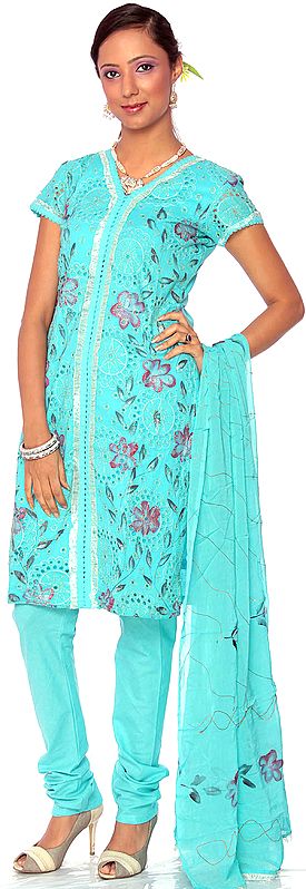 Cyan-Blue Salwar Kameez Suit with Printed Flowers and Embroidered Chakras