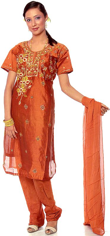 Rust Chanderi Suit with Floral Embroidery and Sequins