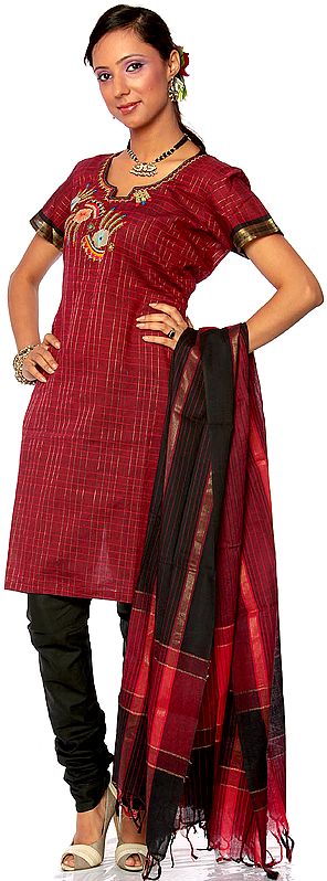 Maroon and Black South-Cotton Suit with Embroidery on Neck