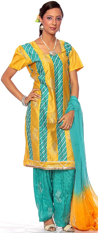 Mustard and Teal Salwar Kameez with Painted Leaves