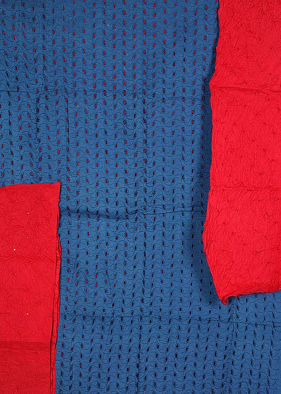 Blue and Fuchsia Chikan Salwar Suit Fabric with Cut-Work