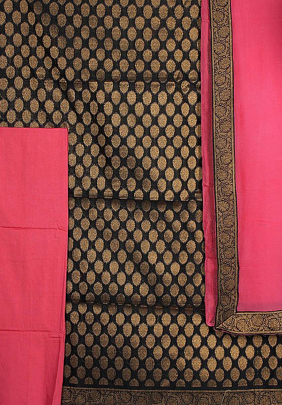 Black and Pink Brocaded Choodidaar Suit from Banaras with Large Woven Bootis