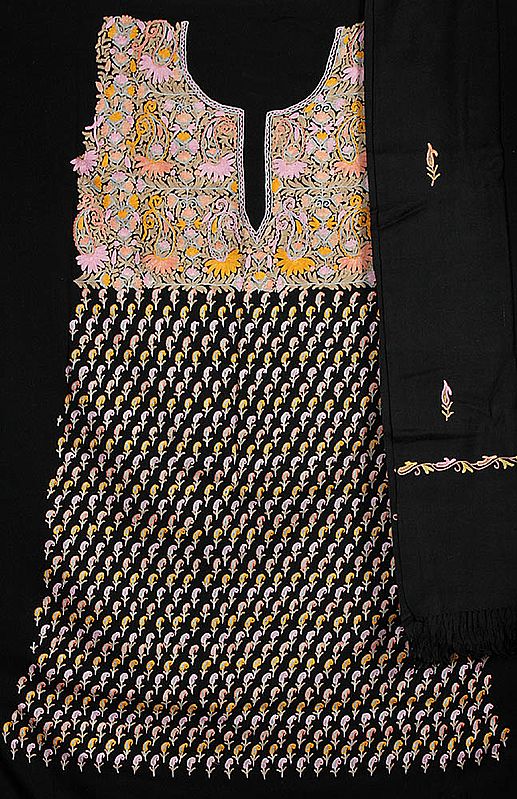 Black Kashmiri Three-Piece Suit Fabric with Aari Embroidery by Hand