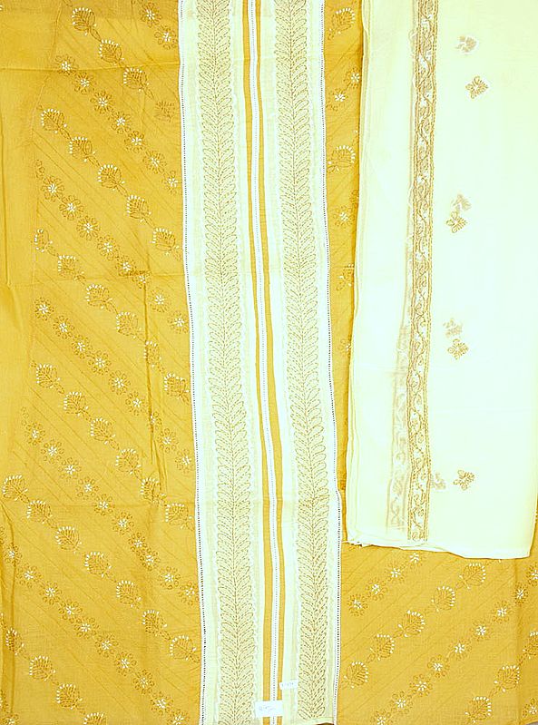 Fawn Salwar Kameez Fabric with Lukhnavi Chikan Embroidery
