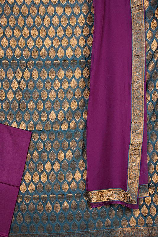 Saxony-Blue and Purple Brocaded Choodidaar Suit from Banaras with Large Woven Bootis