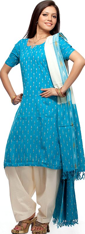 Turquoise-Blue Salwar Kameez with Ikat Weave