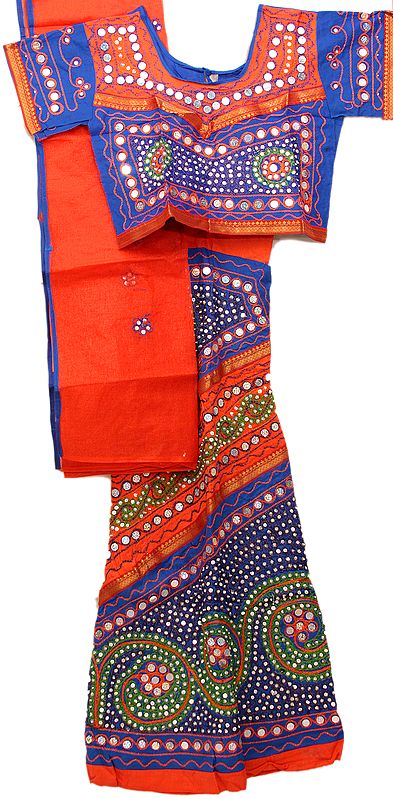 Blue and Orange Lehenga Choli with Large Sequins and Threadwork