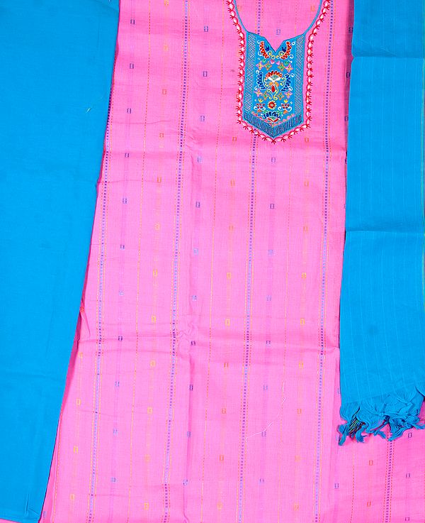 Pink and Azure South-Cotton Suit with Embroidery on Neck