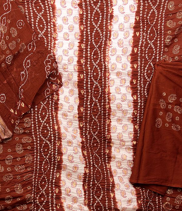 Brown Bandhani Tie-Dye Suit from Gujarat with Gold Paint