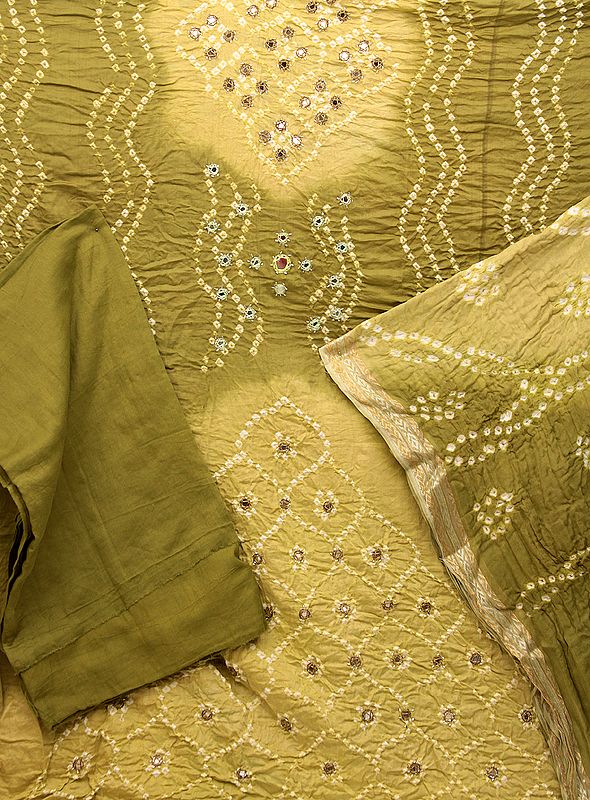 Olive-Green Shaded Bandhani Tie-Dye Suit from Gujarat