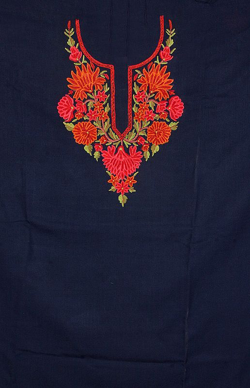 Navy-Blue Two-Piece Salwar Suit from Kashmir with Floral Aari Embroidery by Hand