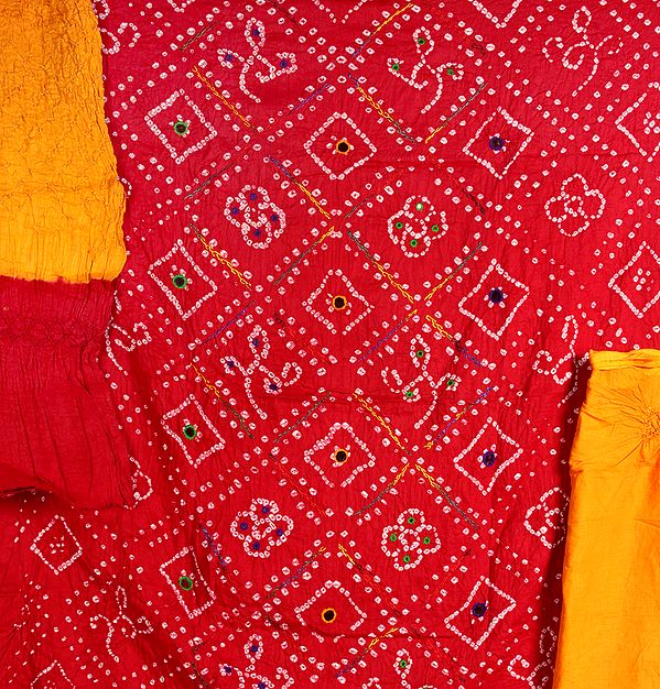 Red Bandhani Tie-Dye Salwar Kameez Fabric from Gujarat with Mirrors