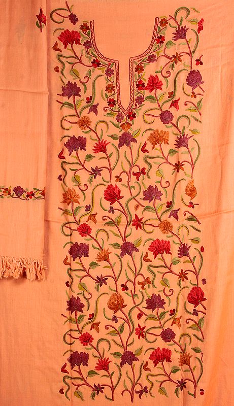 Coral Salwar Kameez Suit from Kashmir with All-Over Floral Aari Embroidered Flowers by Hand