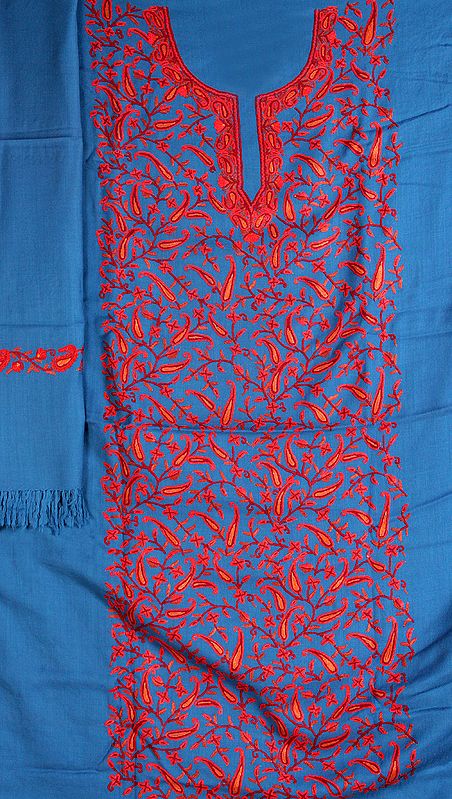 Blue Salwar Kameez Fabric from Kashmir with All-Over Aari Hand Embroidered Paisleys